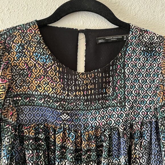 Zara Trafaluc Top Blouse Size Med Geometric Patterned Keyhole Tie Sides Boho - Picture 3 of 12